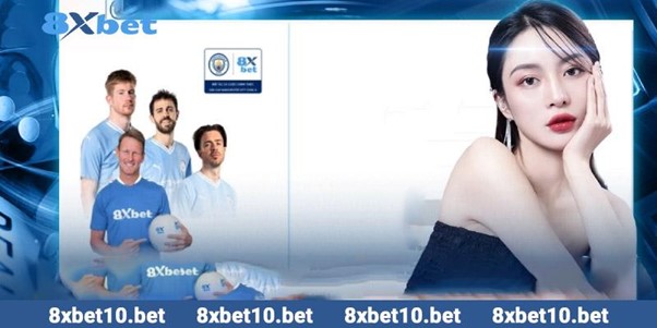 Biểu tượng của 8xbet với nền bóng đá và các biểu tượng thể thao khác.